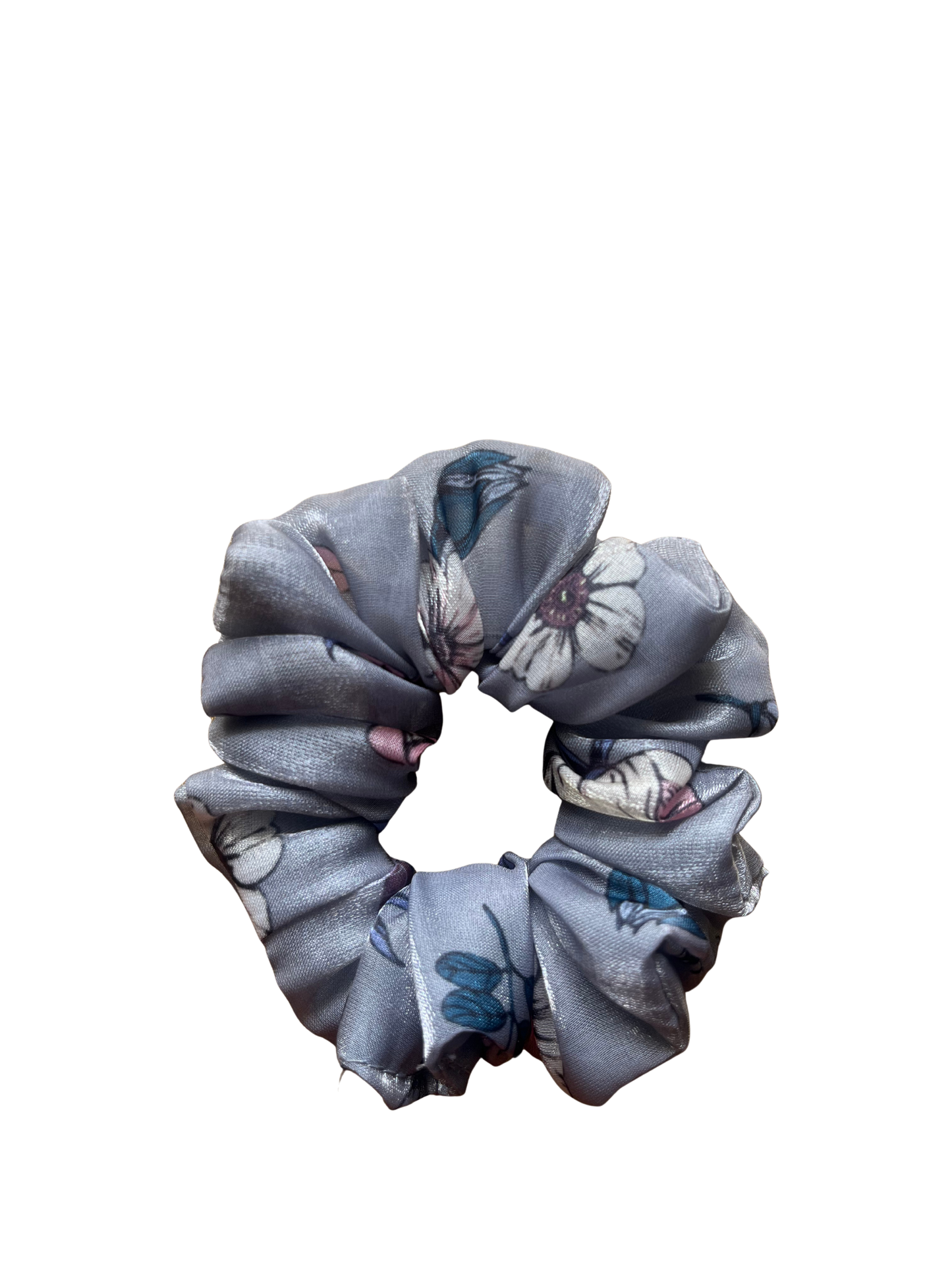 Floral Grey & Pink Satin Silk Scrunchie