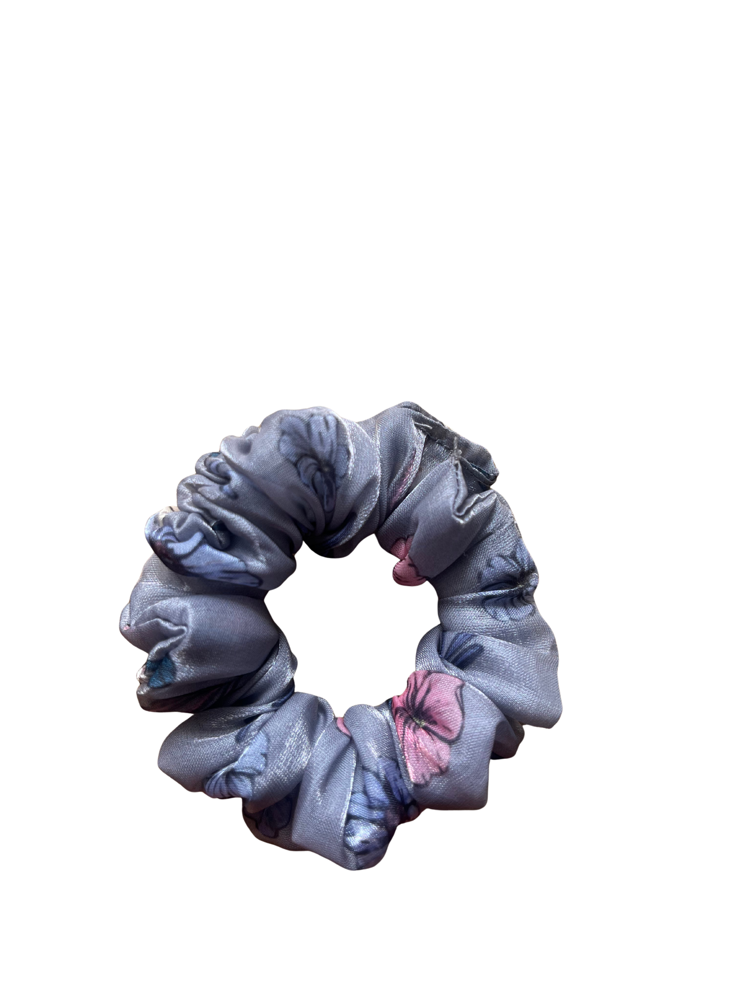 Floral Grey & Pink Satin Silk Scrunchie
