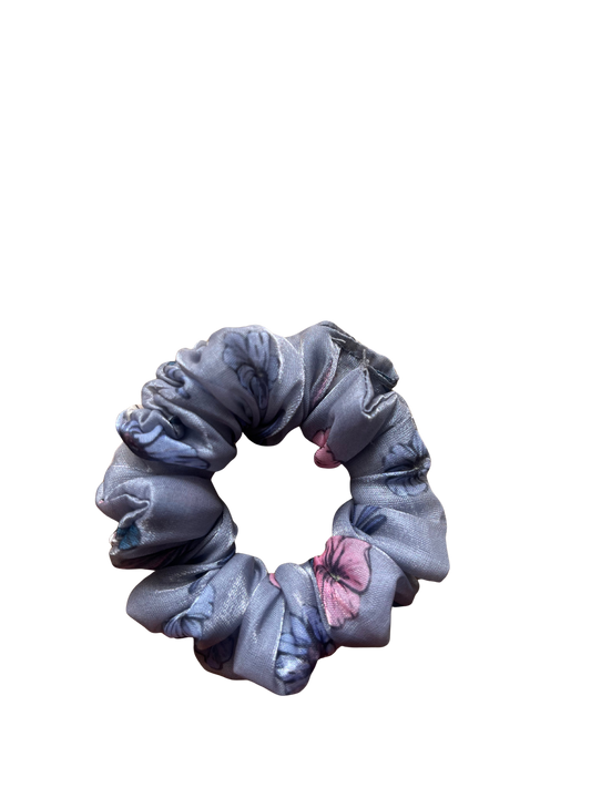 Floral Grey & Pink Satin Silk Scrunchie