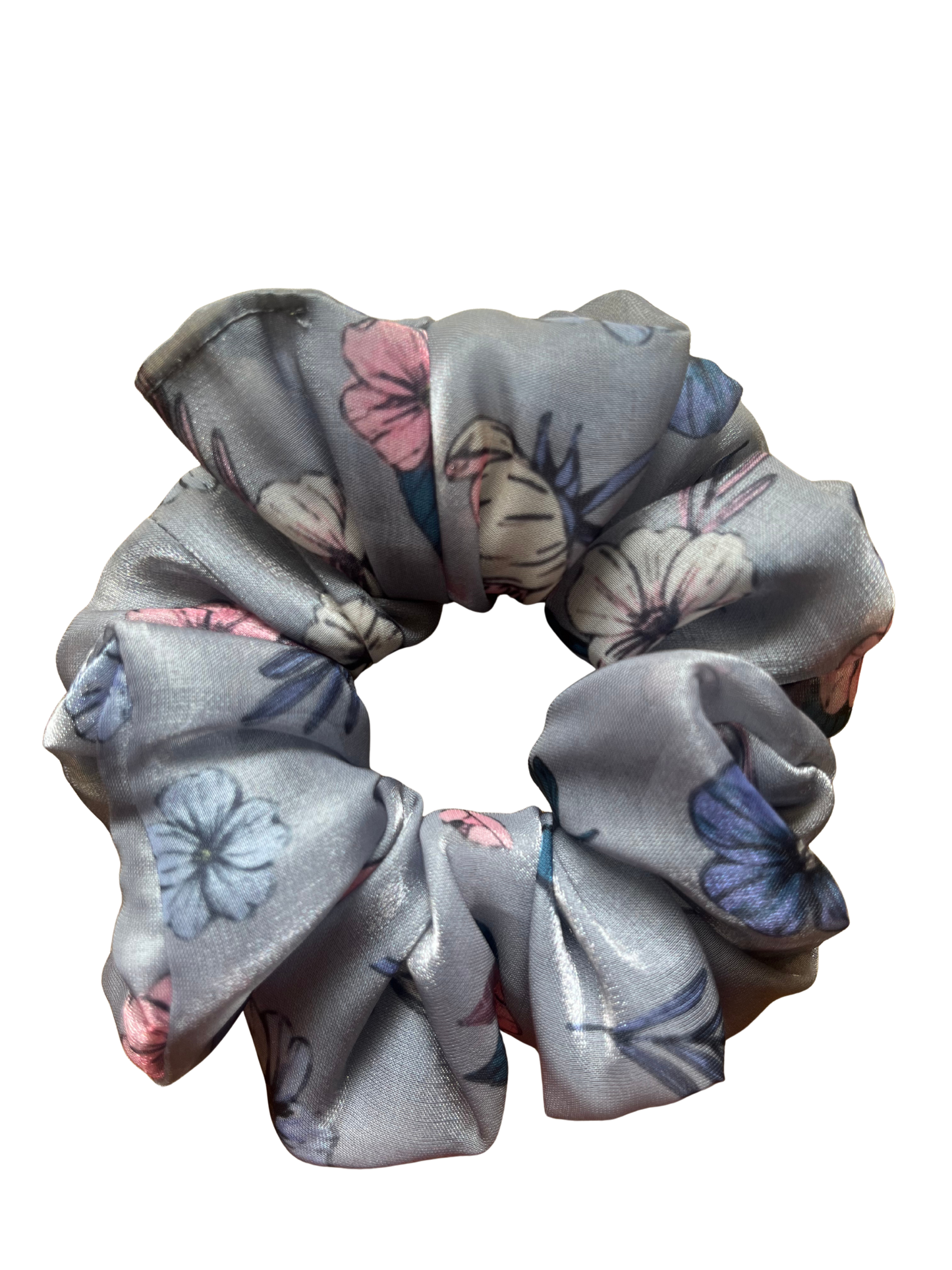 Floral Grey & Pink Satin Silk Scrunchie