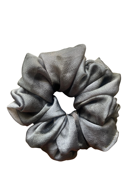 Printed Grey & Black Georgette Silk Scrunchie