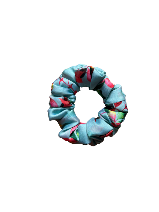Printed Floral Pale Green Satin Scrunchie