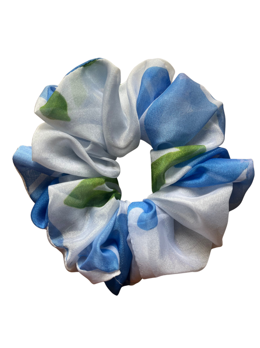 Floral Blue & White Organza Scrunchie