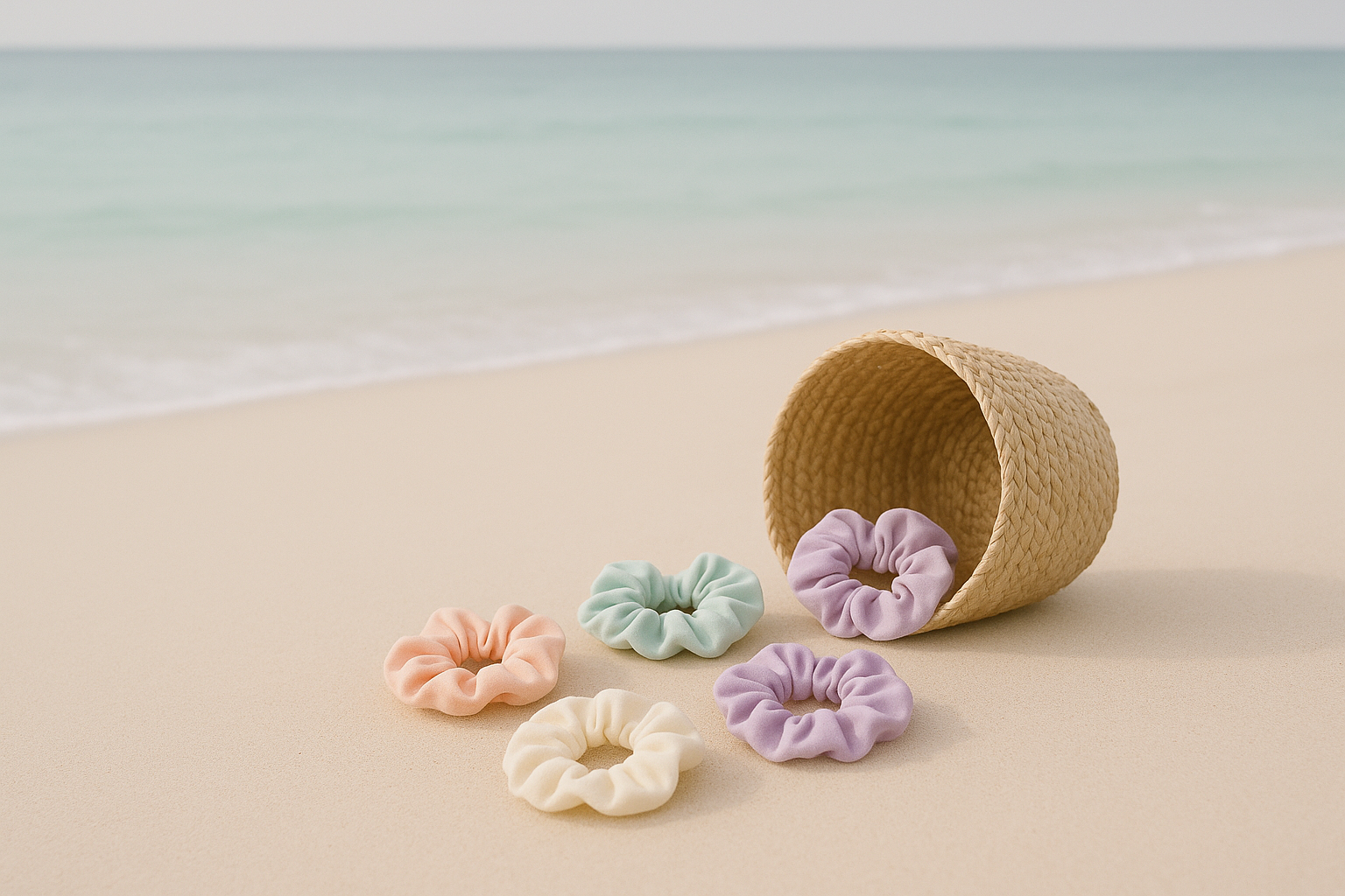 create a minimal dump of scrunchies out of a basket on beach side. keep the colors calm and pastel